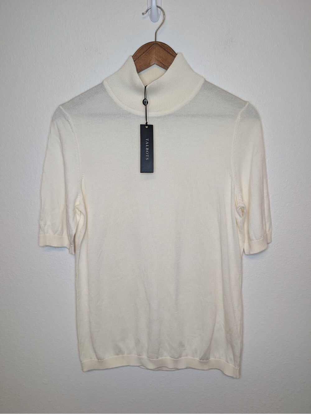 Talbots Knit Thin Sweater Short Sleeved Mock Neck Cream Size Large L NWT